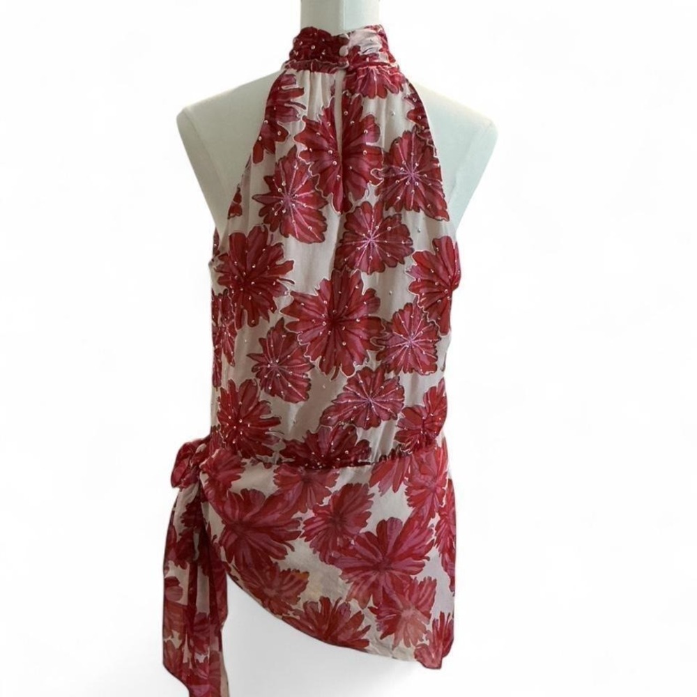 Chetta B Silk Floral Halter Top Size 14 Red Pink Sequin Embellished Asymmetrical - Picture 2 of 8